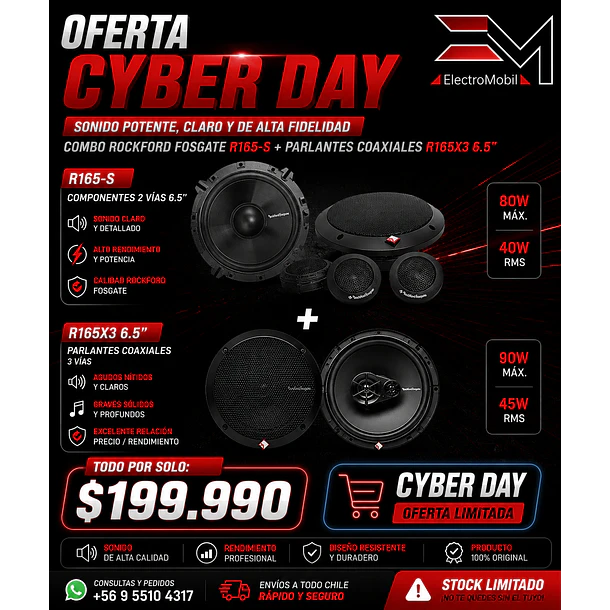 Componentes Rockford Fosgate R165-S + Parlantes Coaxiales R165X3 6.5″ | 80W / 40W RMS + 90W / 45W RMS 1