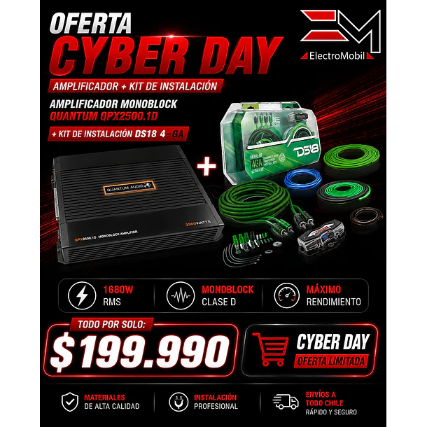 Amplificador Monoblock Quantum QPX2500.1D + Kit de Instalación DS18 4-GA (1680W RMS) 1