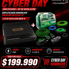 Amplificador Monoblock Quantum QPX2500.1D + Kit de Instalación DS18 4-GA (1680W RMS)