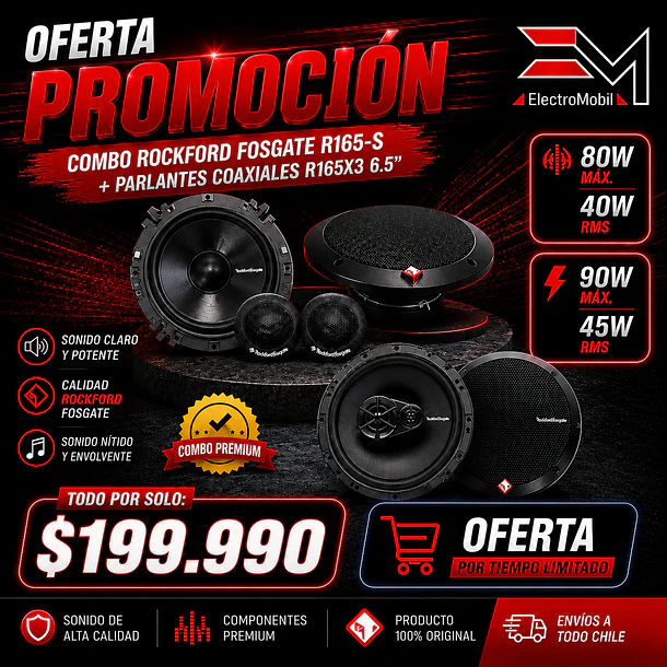 Componentes Rockford Fosgate R165-S + Parlantes Coaxiales R165X3 6.5″ | 80W / 40W RMS + 90W / 45W RMS 1