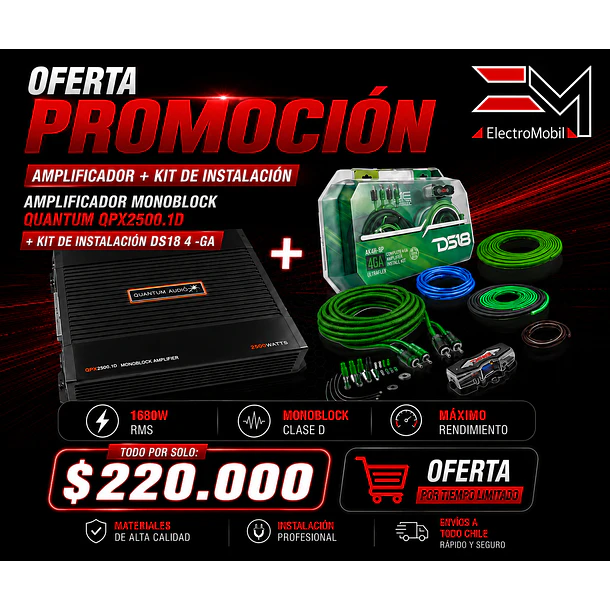 Amplificador Monoblock Quantum QPX2500.1D + Kit de Instalación DS18 4-GA (1680W RMS) 1