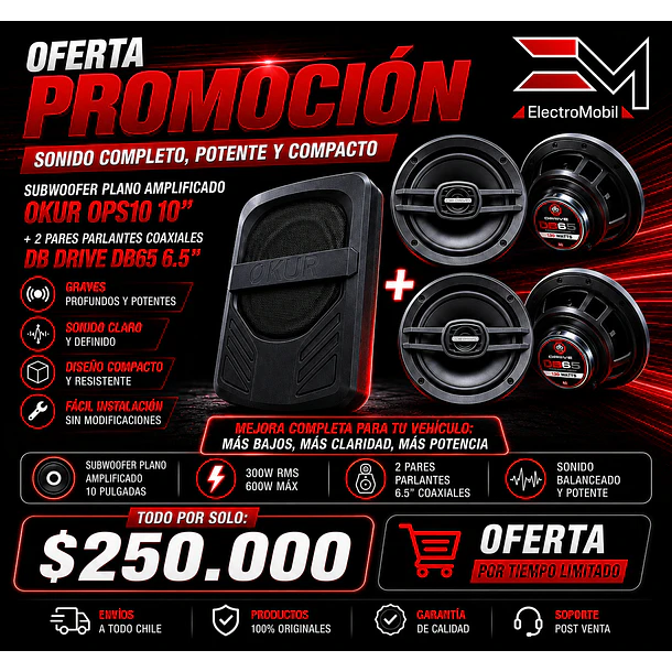 Combo DB Drive: Subwoofer Plano Amplificado OPS10 + 2 Pares Parlantes DB65 6.5” 1
