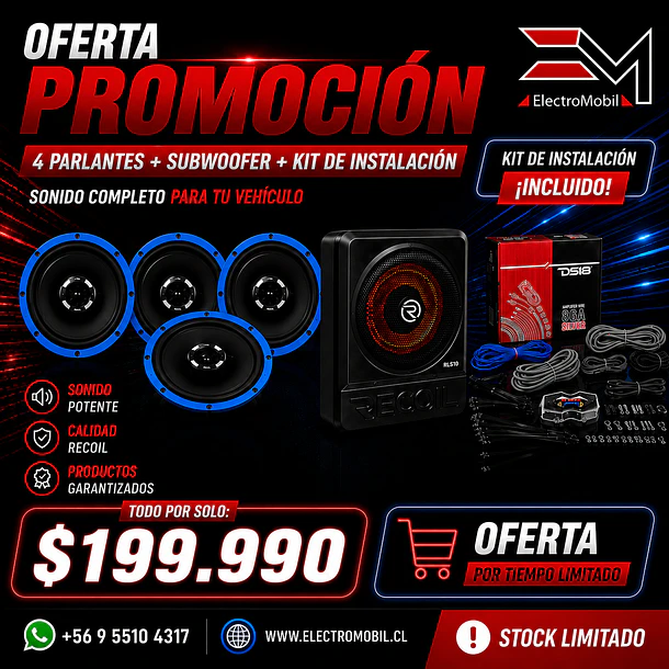 Combo Recoil Audio 4 Parlantes RCX65 6.5” + Subwoofer Amplificado Plano RLS10 10” | 150W RMS Bajo Asiento 1