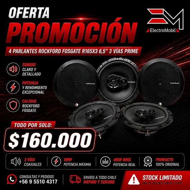 Parlantes Rockford Fosgate Prime R165X3 6.5” 3 Vías | 45W RMS / 90W Máx (Pack 4 Unidades) 1