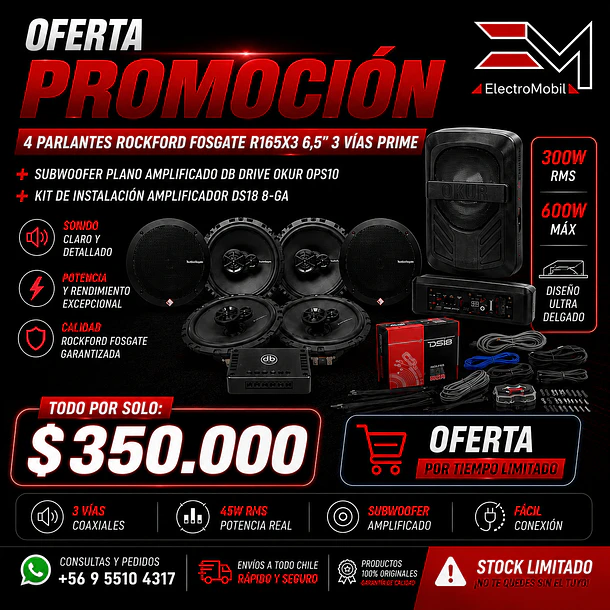 Combo Audio Rockford Fosgate + DB Drive Okur | 4 Parlantes R165X3 6.5” + Subwoofer Amplificado OPS10 + Kit DS18 8GA 1