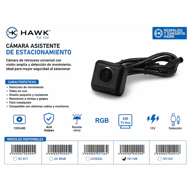 Cámara de Retroceso Hawk 1811UB – Cámara Asistente de Estacionamiento 12V 2