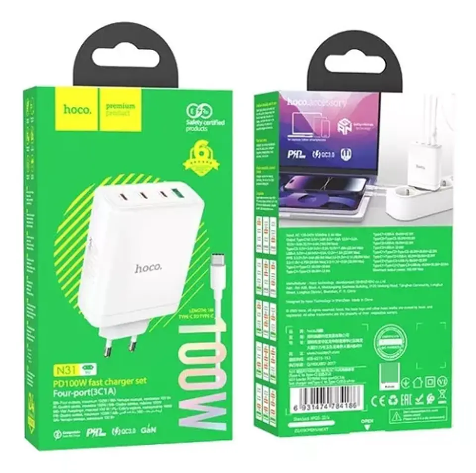 Cargador Hoco N31 100w Carga Rapida + Cable Tipo C Blanco - ElectroMundo. 1