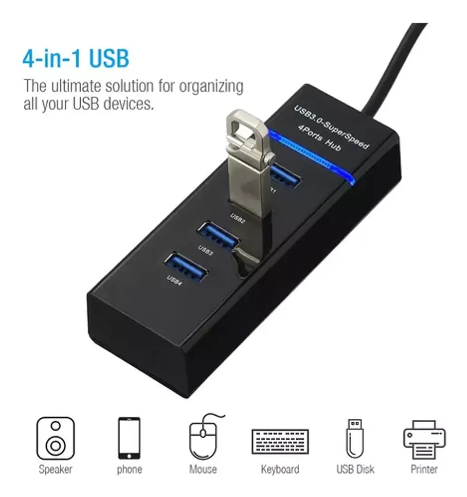 Adaptador HUB USB 3.0 4 Puertos Luz Indicadora HB30N - ElectroMundo  2