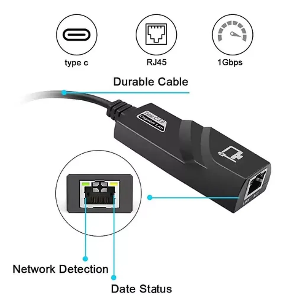 Adaptador Usb C 3.0 Rj45 Gigabit Ethernet 10/100/1000 Mbps - ElectroMundo  5