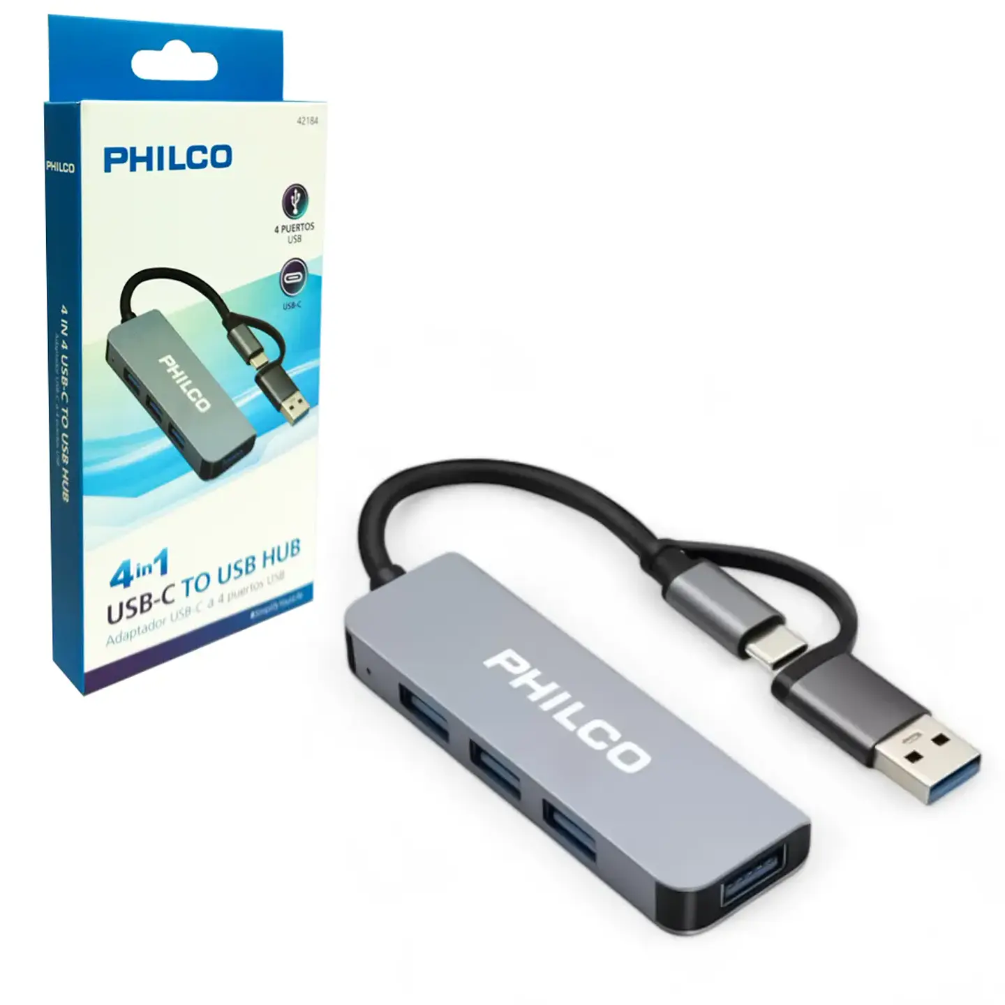 Adaptador 4 en 1 PHILCO USB-C a puerto USB HUB - ElectroMundo. 1