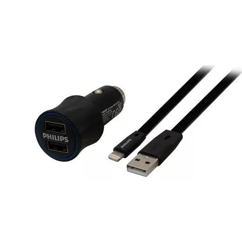 Cargador de Auto Doble USB + Cable Lighting Philips - ElectroMundo.