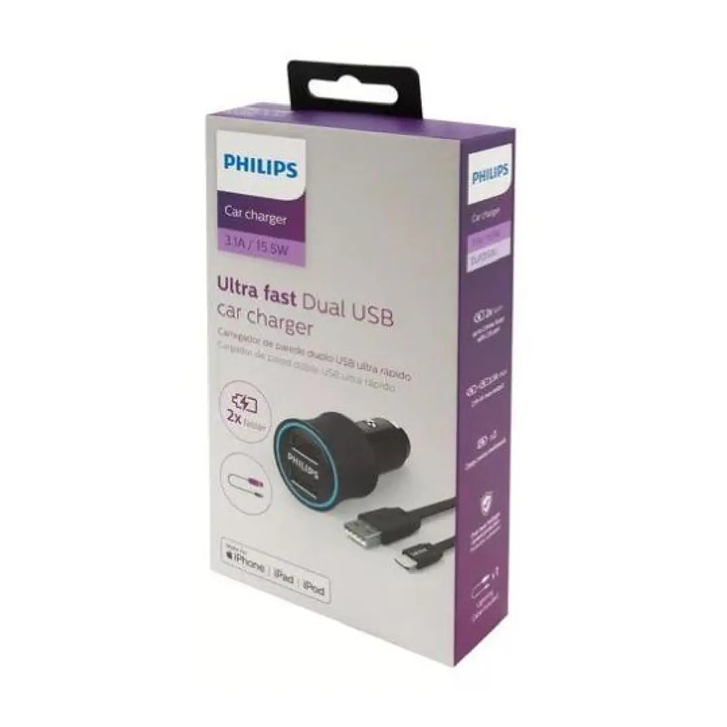 Cargador de Auto Doble USB + Cable Lighting Philips - ElectroMundo. 3