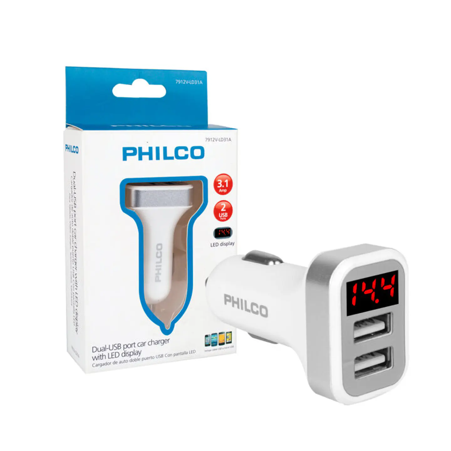 Cargador de auto Philco doble usb con pantalla led 3.1 A - ElectroMundo. 1