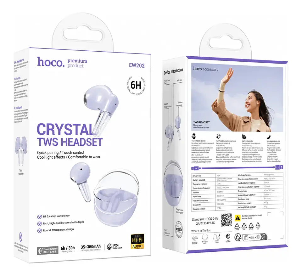 Audífonos Hoco Ew202 Inalambrico Crystal Tws Bluetooth Mora 1