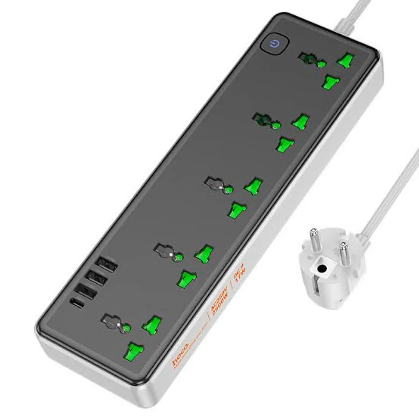 Alargador Zapatilla Hoco Ac13a 5 Tomas Socket, 3 USB, ! Tipo C, 1,5 M 1