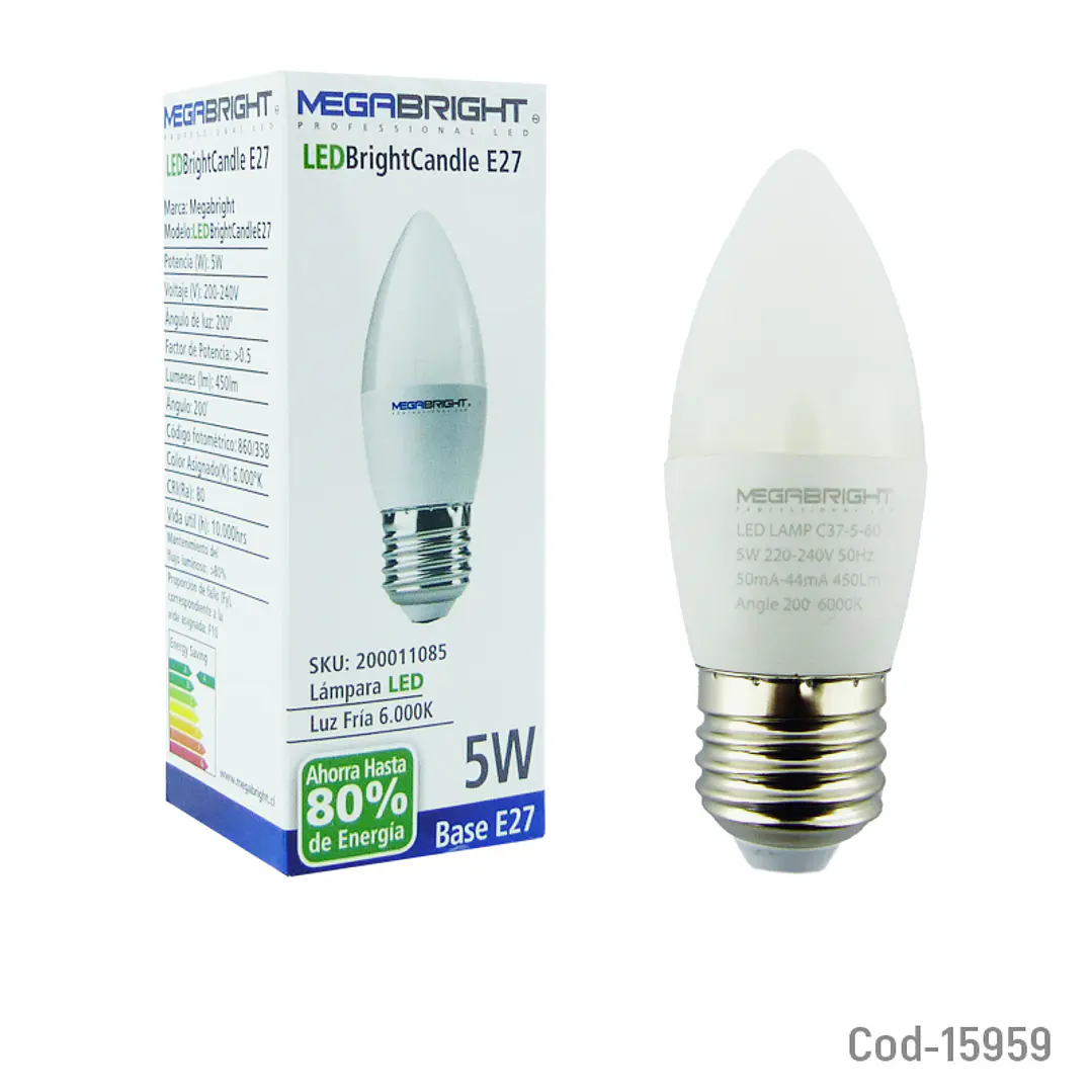 Ampolleta Vela E27 5W Megabright Luz Fría 3