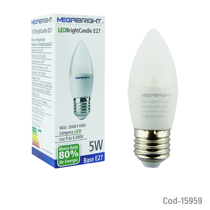 Ampolleta Vela E27 5W Megabright Luz Fría 3