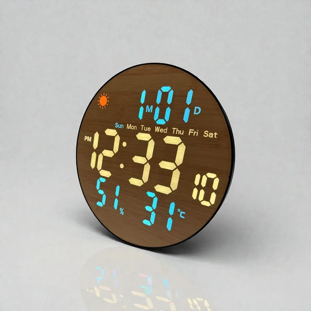 Reloj Digital Mural Led Redondo Madera 4