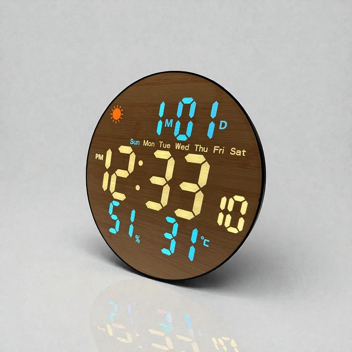 Reloj Digital Mural Led Redondo Madera 4