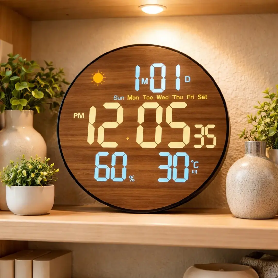 Reloj Digital Mural Led Redondo Madera 3
