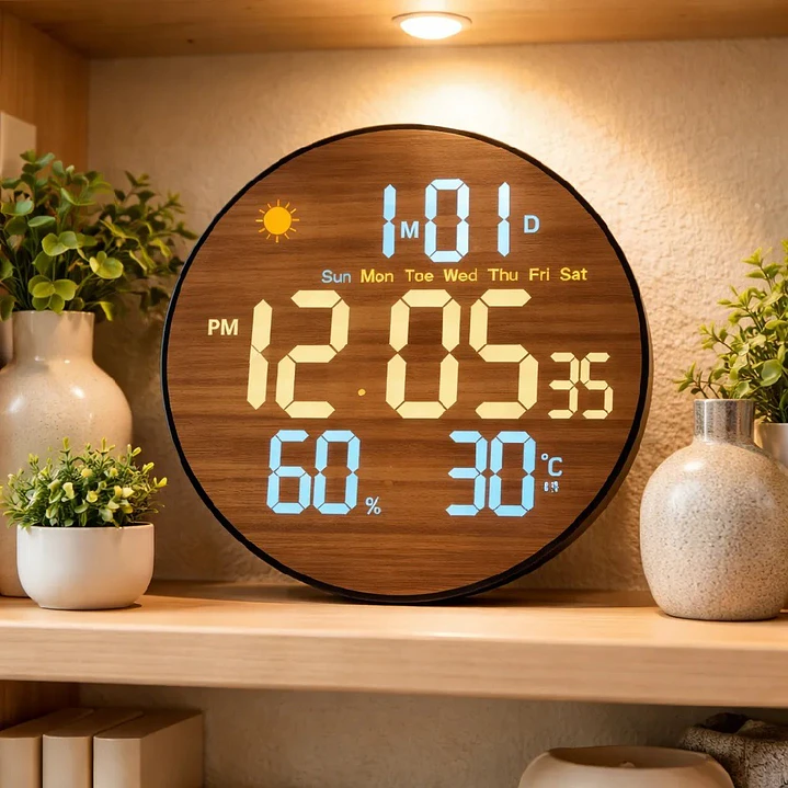 Reloj Digital Mural Led Redondo Madera 3