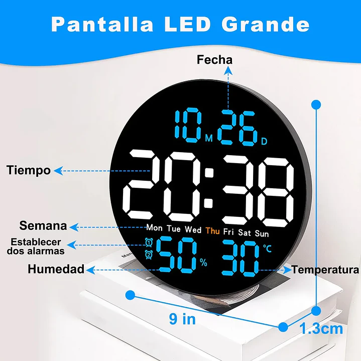 Reloj Digital Mural Led Redondo Fondo Negro 2