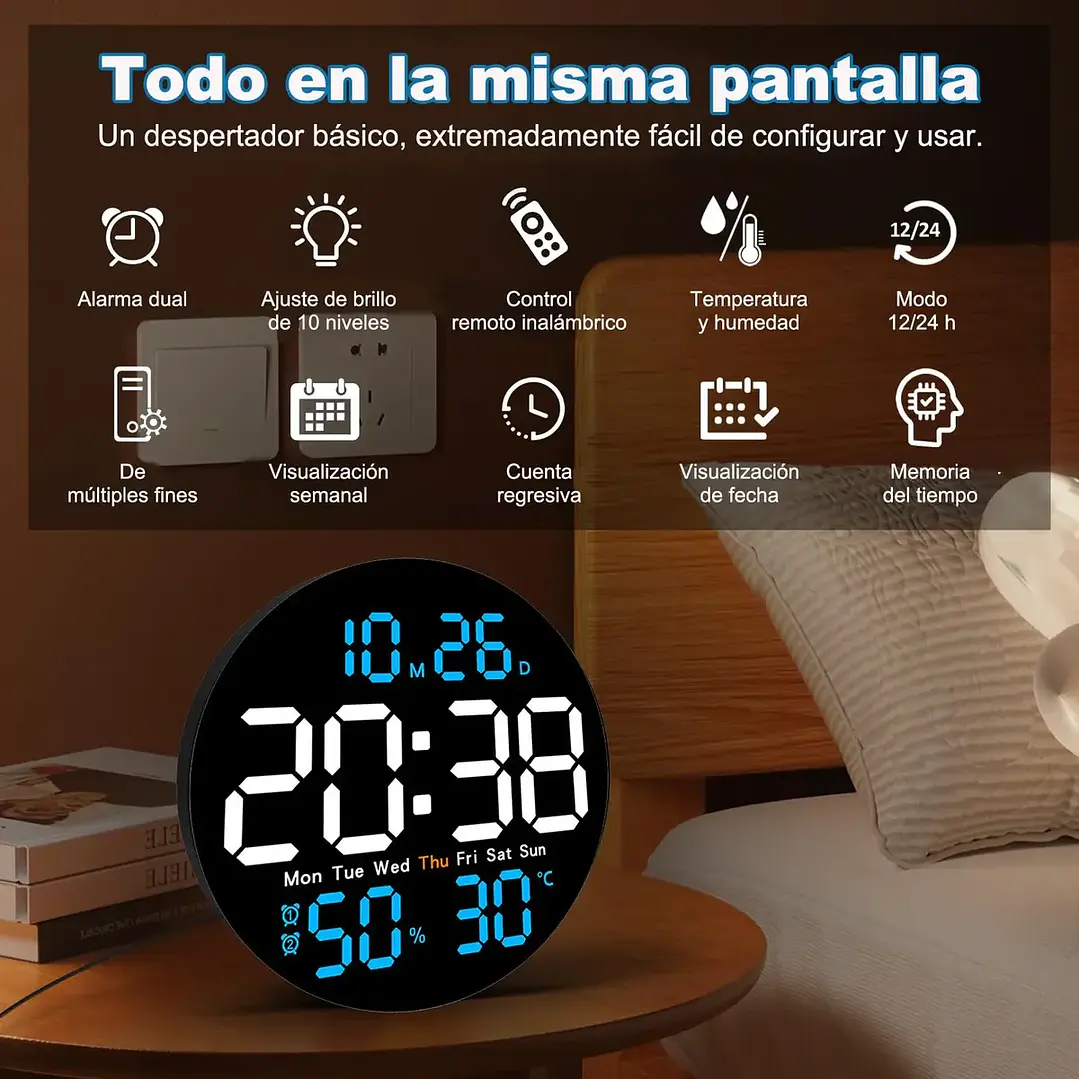 Reloj Digital Mural Led Redondo Fondo Negro 3