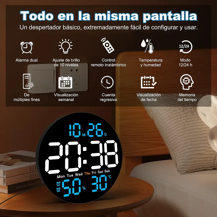 Reloj Digital Mural Led Redondo Fondo Negro 3