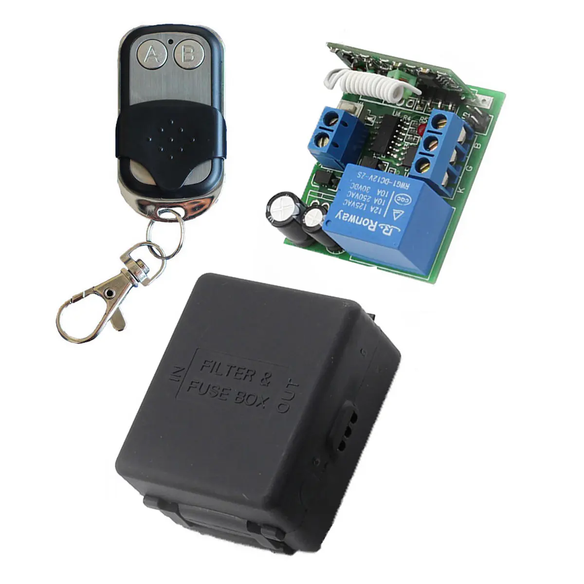 Kit Control Remoto Inalámbrico RF 4 Mandos + 1 Receptor - 12V, Alcance Hasta 100m - Para Puertas Y Más