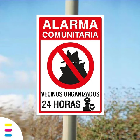 Cartel Disuasivo Metálico Exterior Rectangular Alarma Comunitaria 30x20cm