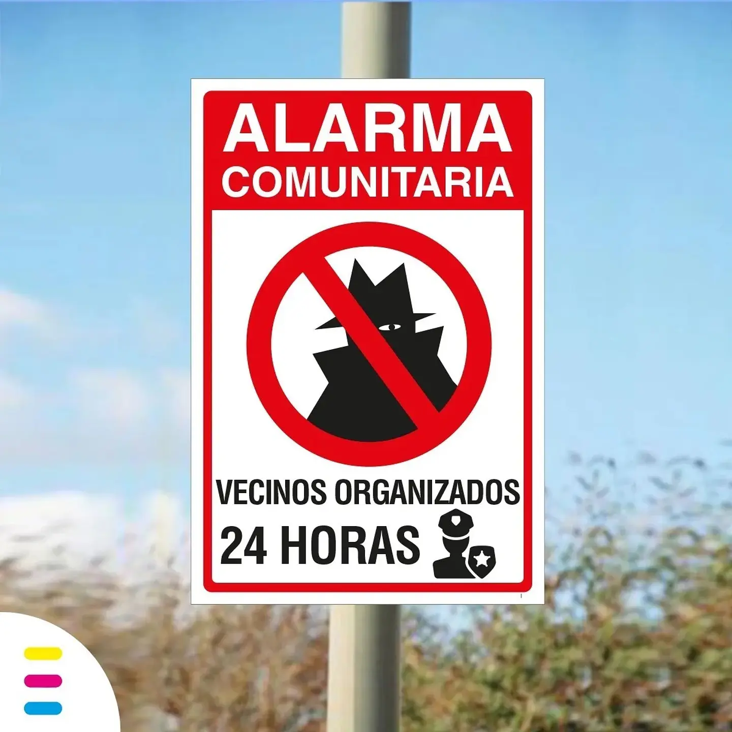 Cartel Disuasivo Metálico Exterior Rectangular Alarma Comunitaria 30x20cm 1