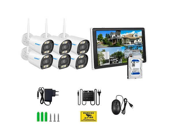 Kit 6 Cámaras Inalámbricas Rompe Muro NVR IP WIFI HD 1080P 3.0 MP Disco Duro 2TB Pantalla Touch 10,1 pulgadas 3 en 1