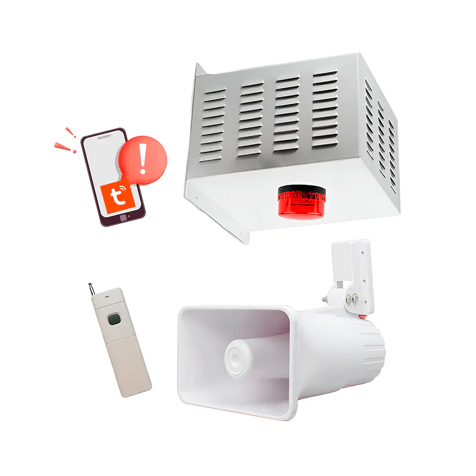 Alarma Comunitaria TuyaSmart Notificación APP 30W 130Db Botón de Pánico RF 2Km con Respaldo de Batería 1