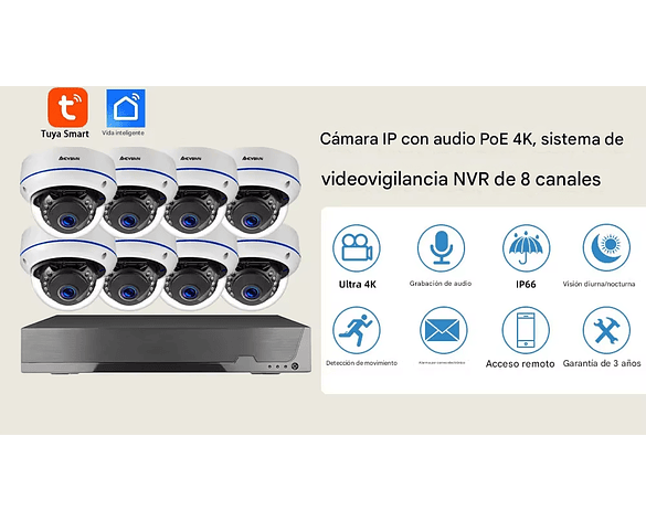 Kit de Cámaras de Seguridad POE Tuya 8MP 4K con Audio y Visión Nocturna | NVR 6 Canales Disco Duro 2T