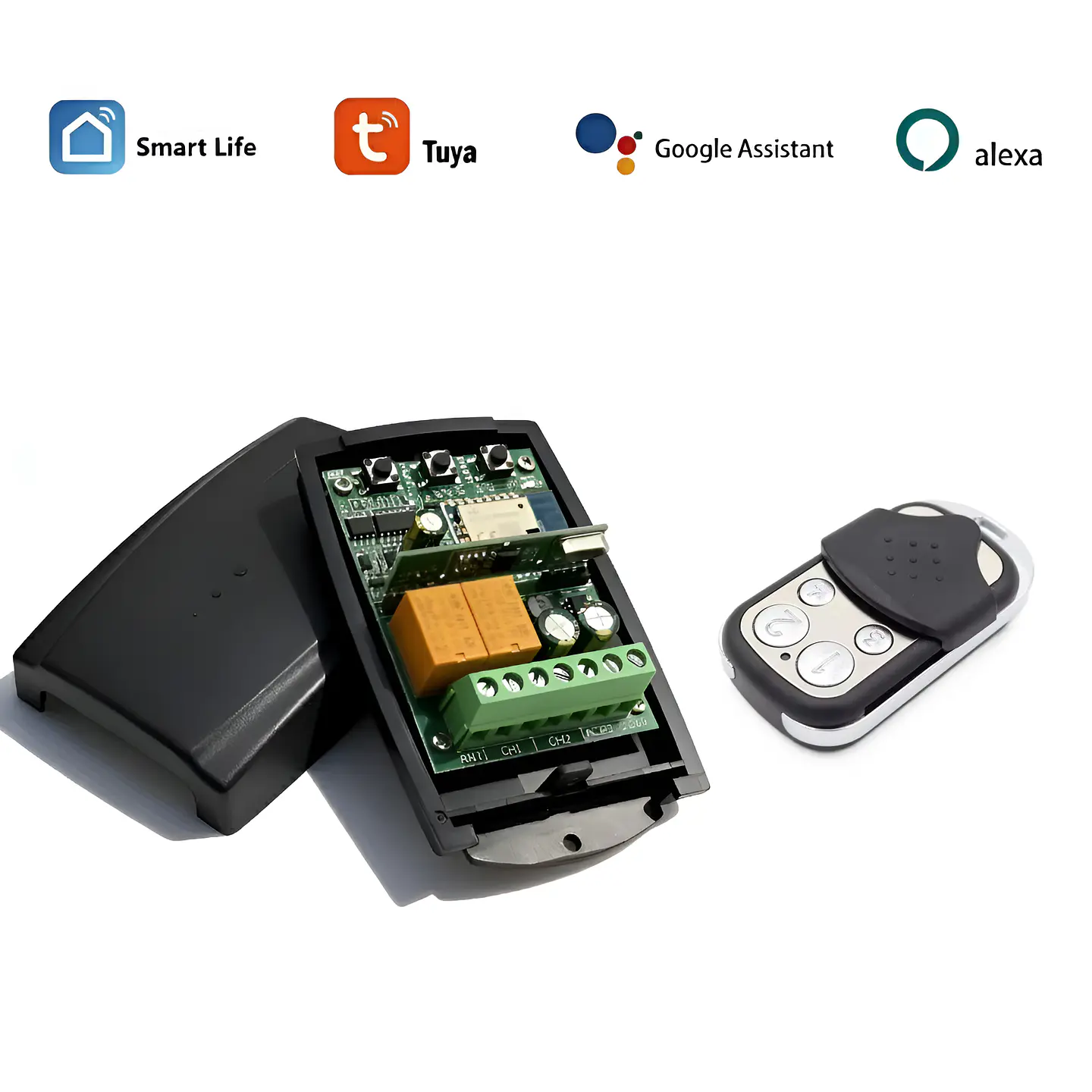 Módulo Relé Interruptor Inteligente Tuya WiFi + RF 433 MHz Código Rodante – Receptor Universal 2 Canales para Puertas de Garaje y Automatización 1