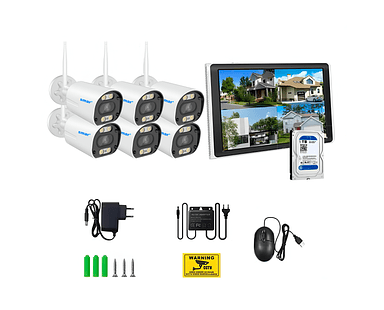 Kit 6 Cámaras Inalámbricas Rompe Muro NVR IP WIFI HD 1080P 3.0 MP Disco Duro 1TB Pantalla Touch 10,1 pulgadas 3 en 1