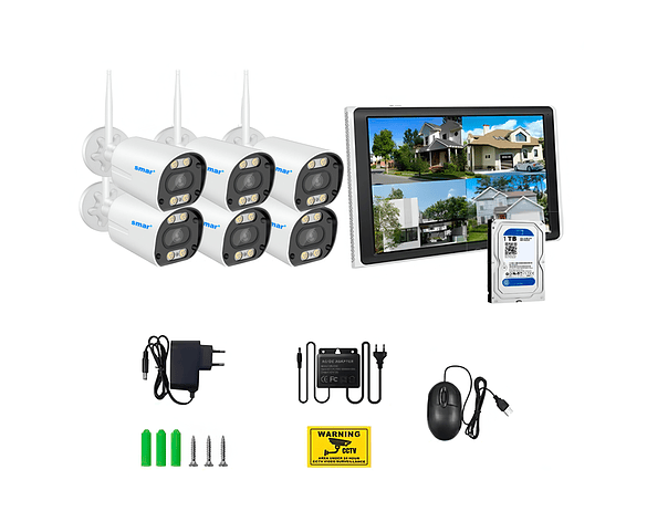 Kit 6 Cámaras Inalámbricas Rompe Muro NVR IP WIFI HD 1080P 3.0 MP Disco Duro 1TB Pantalla Touch 10,1 pulgadas 3 en 1
