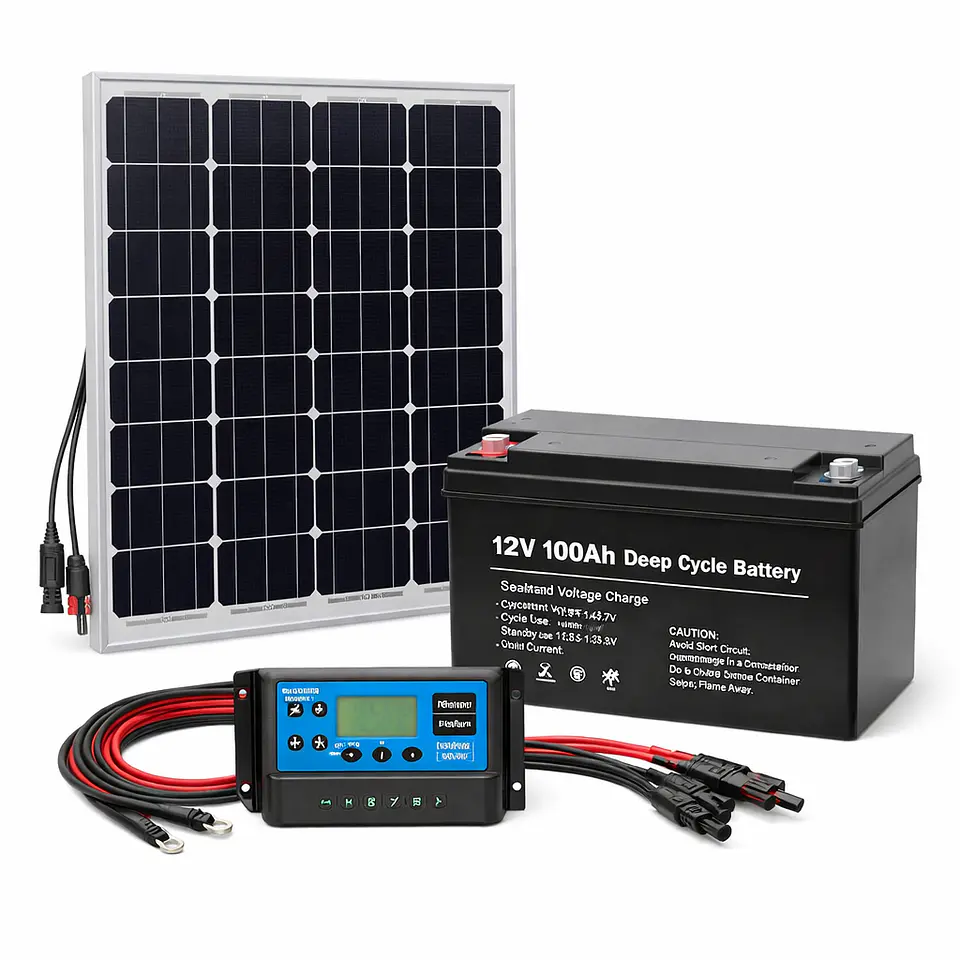 Kit Solar 150W con Batería 100Ah y Controlador 20A para Sistemas de Seguridad, Alarmas y Equipos Autónomos 1