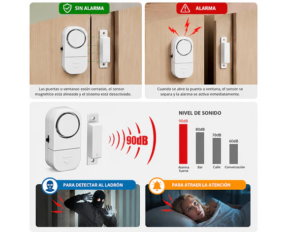 Alarma Magnética para Puertas y Ventanas 90dB Autónoma con Sensor Magnético – Seguridad Hogar Oficina