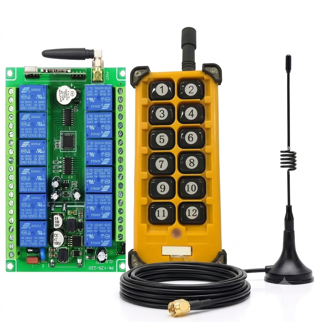 Rele Receptor RF Industrial 433MHz 12 Canales Largo Alcance 200-2000m | Control Remoto Inalámbrico DC 12V 24V 36V 48V