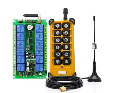 Rele Receptor RF Industrial 433MHz 12 Canales Largo Alcance 200-2000m | Control Remoto Inalámbrico DC 12V 24V 36V 48V