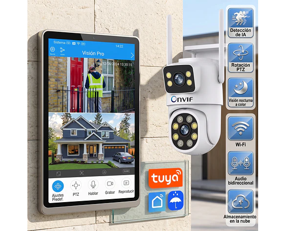 Cámara WiFi Tuya 5K 10MP Doble Lente PTZ con IA, Seguimiento Automático, Visión Nocturna Color, Audio Bidireccional y MicroSD 64GB Incluida