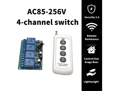 Interruptor de Control Remoto Inalámbrico 4 Canales RF 433MHz AC 85-256V 10A