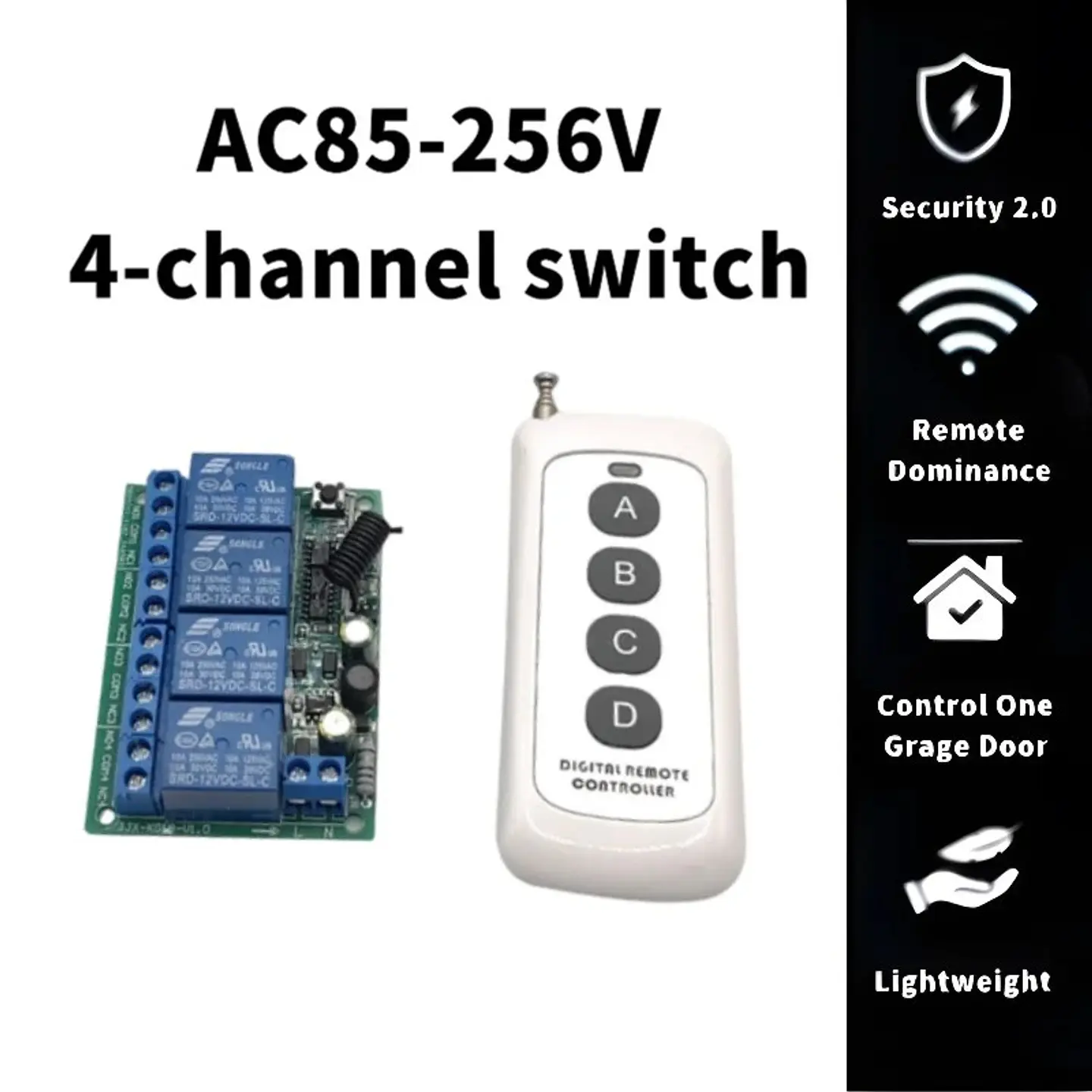 Interruptor de Control Remoto Inalámbrico 4 Canales RF 433MHz AC 85-256V 10A 1