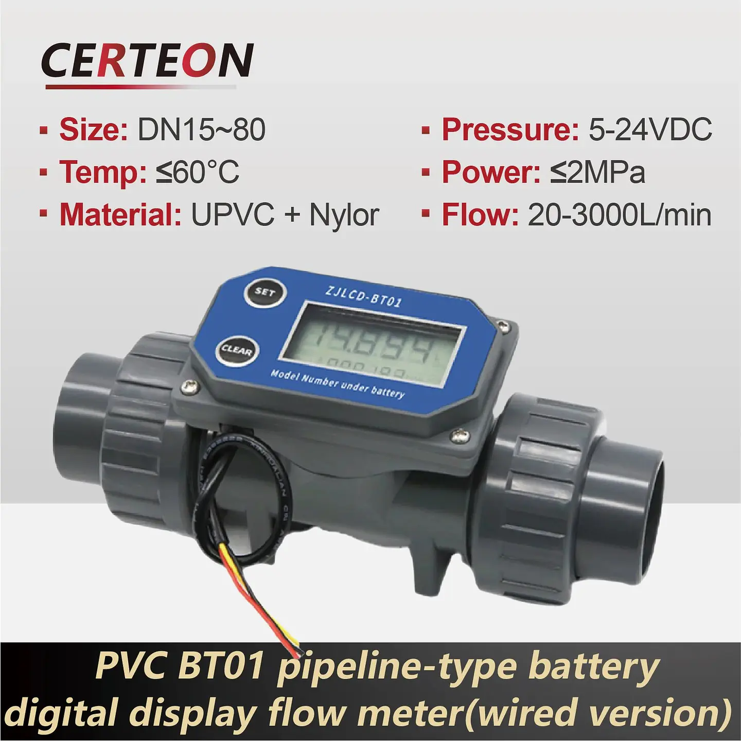 Medidor de Flujo Digital PVC Tipo Turbina DN15-DN80 - Pantalla LCD y Salida NPN 1