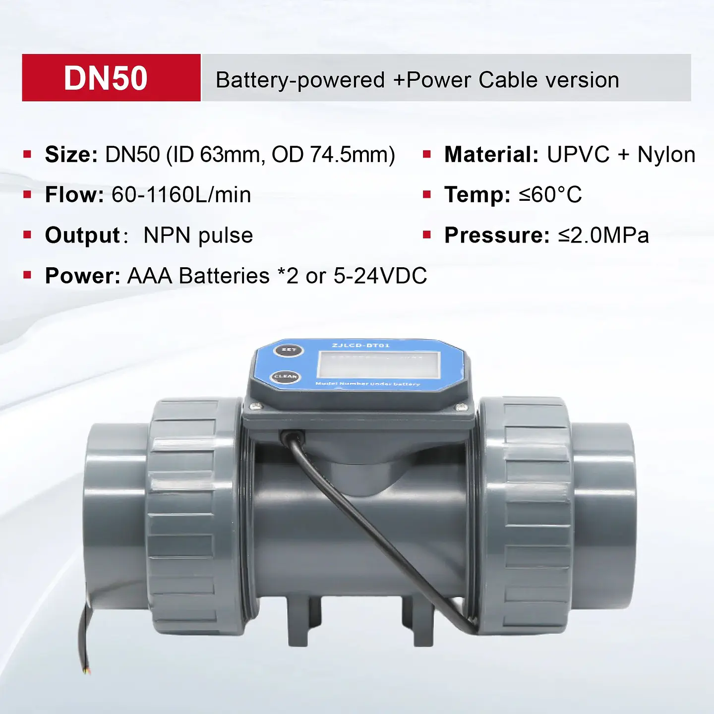 Medidor de Flujo Digital PVC Tipo Turbina DN15-DN80 - Pantalla LCD y Salida NPN 16
