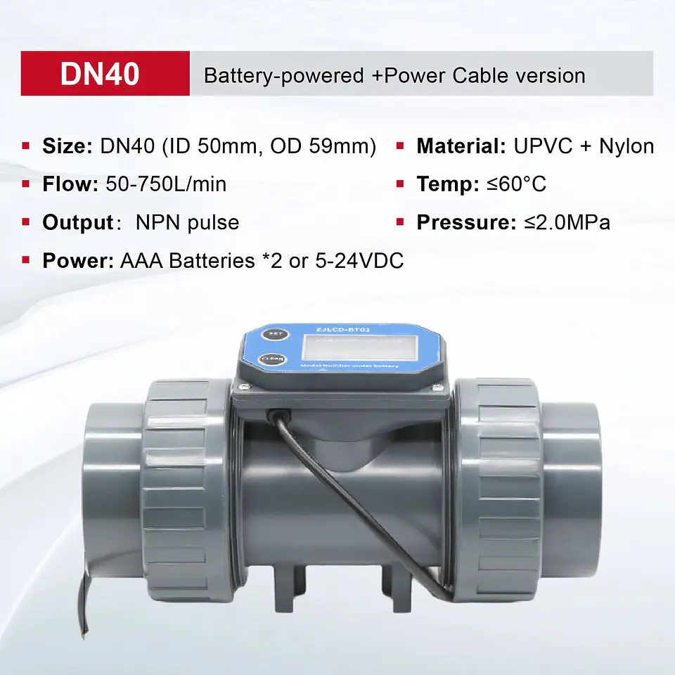 Medidor de Flujo Digital PVC Tipo Turbina DN15-DN80 - Pantalla LCD y Salida NPN 19