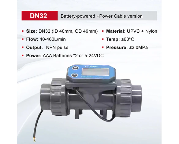 Medidor de Flujo Digital PVC Tipo Turbina DN15-DN80 - Pantalla LCD y Salida NPN