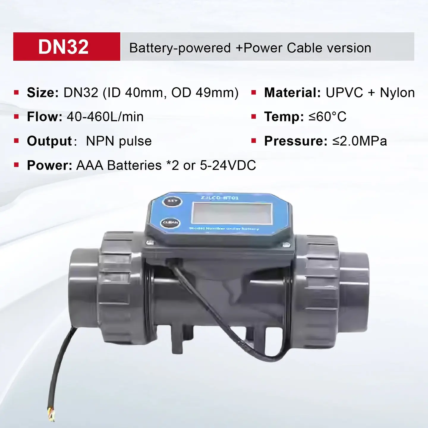Medidor de Flujo Digital PVC Tipo Turbina DN15-DN80 - Pantalla LCD y Salida NPN 23