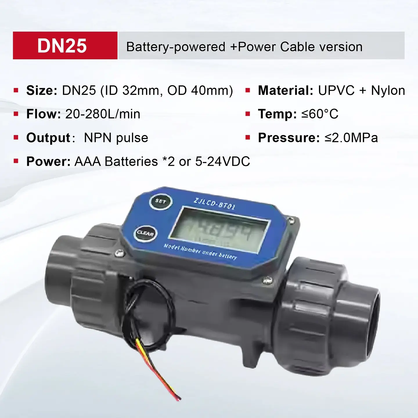 Medidor de Flujo Digital PVC Tipo Turbina DN15-DN80 - Pantalla LCD y Salida NPN 25